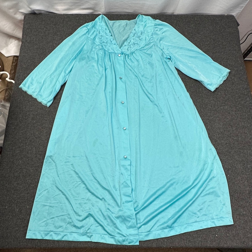 Vintage Turquoise Blue Lace Collar Button Front Robe Nightgown with Pockets